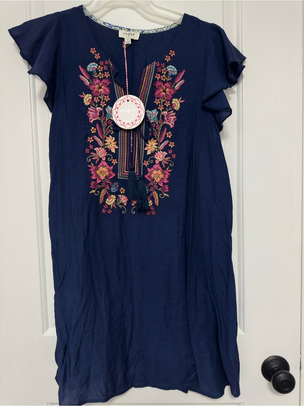 Umgee Navy Blue Embroidered Flutter Sleeve Dress with Pink Floral Accents